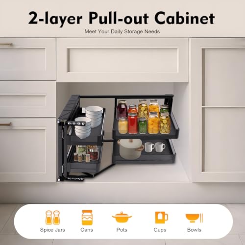 Pull-Out Shelving Organizer for Blind Corner Cabinets - 2 Tier Swing Tray, Right Opening - Ideal for Base Kitchen Cupboard Storage - Image 2
