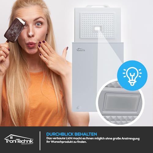 Foto von Tronitechnik® Gefriertruhe Kühltruhe BORGAR PRO mit 2in1 Gefrier- und Kühlfunktion | 110 Liter, 169kwh/Jahr, 85cm hoch, geringe Lautstärke | LED-Licht | Rollen | Kindersicherung durch Schloss | Weiß