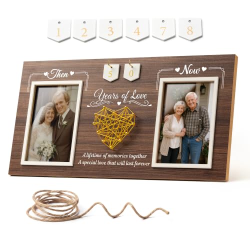 EliteSign Then & Now Anniversary Picture Frame, 50th Anniversary Wedding Gift for Parents, Couples, 1-99 Years Wood Frame for Two 4x6 Photos, Anniversary Decorations, 3 Display Options