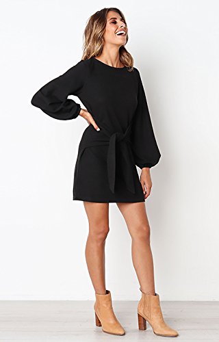 PRETTYGARDEN Women’s Elegant Long Sleeve Short Dress Crewneck Tie Waist Knit Cocktail Dress Black