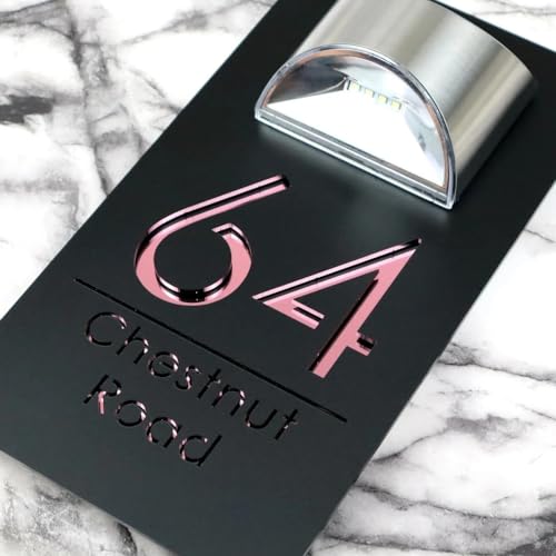 Numero civico 3D a energia solare, personalizzabile, con numeri civici e numeri civici per esterni, con luce solare per cortile, numero civico e indirizzo LED (rosa nera, 15 x 29 cm)