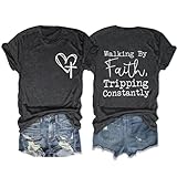 Christian Shirts for Women Walking by Faith Tripping Constantly Religious Tshirt Inspirational Bible Tee Dark Gray M