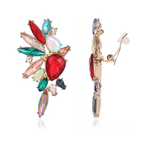 Met-edianger Colorful Rhinestone Statement Earrings Retro Vintage Crystal Clip on Drop Dangle Earrings Non Pierced Earrings for Women Cover