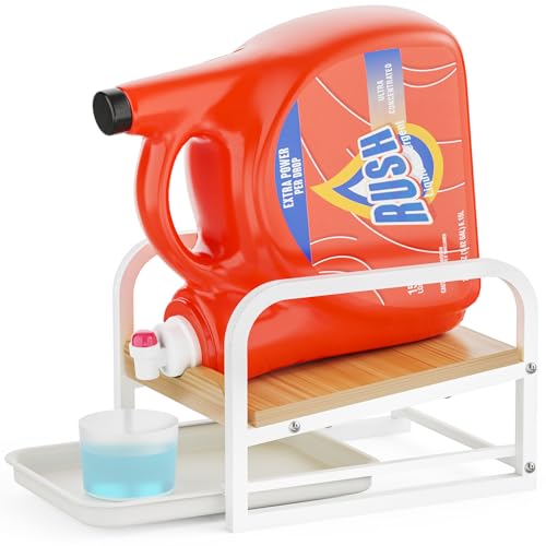 Laundry Detergent Holder Stand with Drip Tray, White Frame & Natural Wood