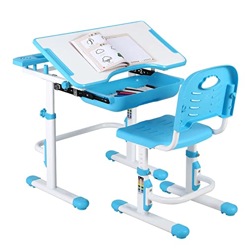 Aoou Kids Desk And Chair Set, Height Adjustable School Desk W/Tilt Desktop, Large Pull Out Drawer Storage, Multifunction Write Study Table, Ergonomic Workstation For Boys, Girls Home Schooling (Blue) #TOP5