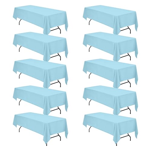 Image of BRILLMAX 10 Pack Light Blue Tablecloths 60x126 Inch for 8ft Rectangle Table | 150 GSM Polyester Fabric, 15 inch Standard Drop, Water, Stain & Wrinkle Resistant Cloth Cover for Wedding Reception Banquet Party