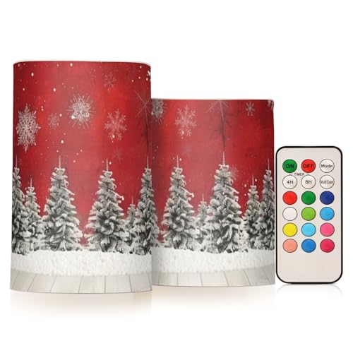 Image of Christmas Lights Flameless Candles Christmas Trees Snowflakes Print Pillar Candles Set of 2 Battery Operated Remote Control Warm Lights Home Decor