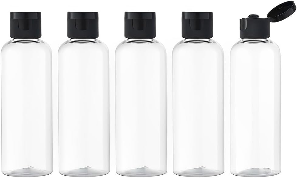 Hunky Dory 5pcs 100ml Empty Clear Plastic Bottles Refillable Travel Size Cosmetic Travelling Containers Small Leak Proof Squeeze Bottles with Black Flip Cap for Toiletries,Shampoo, Lotion.(Pack of 5)