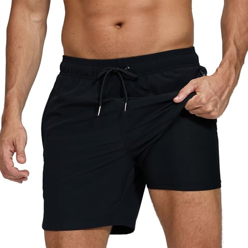 Badehose für Herren mit Kompression Mesh-Futter, 2 in 1 Schnelltrocknend Badeshorts Kurz, Verstellbar Tunnelzug Tasche Männer Schwimmhose Boardshorts für Strand Surf Sport Freizeit XL Schwarz
