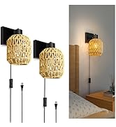 CHICLUX Boho Rattan Plug in Wall Sconces, Farmhouse Wall Lamps Set of Two，Boho Rattan Sconces Wal...