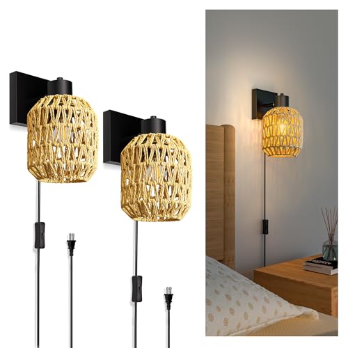 Image of CHICLUX Boho Rattan Plug in Wall Sconces, Farmhouse Wall Lamps Set of Two，Boho Rattan Sconces Wall Lighting Rustic with 330Adjustable Lampshade Suitable for Living Room, Hallway(Bulbs Not Included)