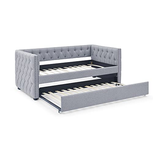 HAUSHECK Upholstered Daybed with Trundle on Wheels - Twin Size Trundle Day Bed Frame with Caster, Button Tufted Backrest & Nailhead Square Armrest, Modern Sofa Bed No Box Spring Needed - Thumbnail 7