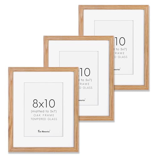 Fun Memories Natural Oak 8x10 Picture Frames Set of 3, Solid Oak Wood Frame, Matted to 5x7, Tempered Glass, Wall & Tabletop, 3 Pack