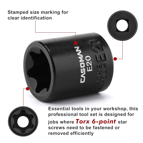 CASOMAN 11PCS Female Torx Socket Set, E Torx & Star Socket Set with Rail, E4 - E20 Torque Sockets - Image 3