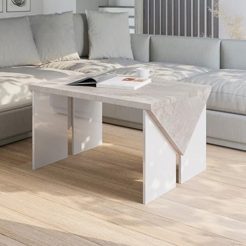 PROROOM FURNITURE TROP Rechteckiger Couchtisch 90x60 cm Moderner Wohnzimmertisch Industrial Style Betonoptik Weiß Hochglanz 50 cm Höhe