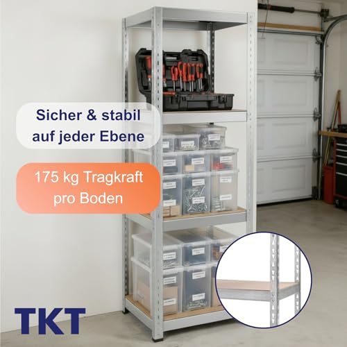 TKT – Work System Steckregal mit Holzböden 180x46x46cm - Verzinktes Regal mit 175kg Tragkraft pro Boden. Schwerlastregal mit 4 Böden für Werkstatt, Wohn- & Kellerraum