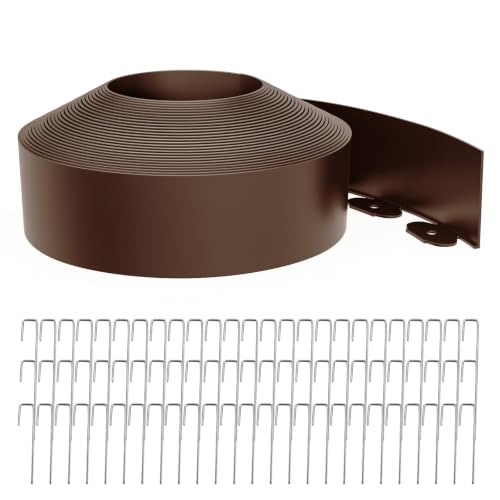 Landscape Edging 4 Inch Tall 40FT with 50Pcs Metal Spikes, Plastic Garden Edging Border Landscape Edging Border Lawn Edging for Landscaping, Flower Bed, Yard(Brown)