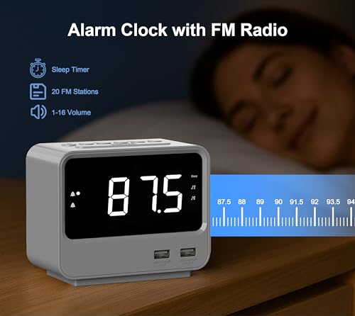 iTOMA Alarm Clock Radio for Bedrooms with Two USB Charging Port, Large Numbers with Adjustable Brightness, Bedside Digital FM Radio with Sleep Timer, Volume, Snooze, Led Digital Clock A23 (Grey) by iTOMA - Image 2