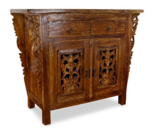 livasia Asiatisches Sideboard aus Massivholz – 95x40x80cm – Handgeschnitzte Anrichte, recyceltes Teak Holz, Robust und Elegant (Braun)