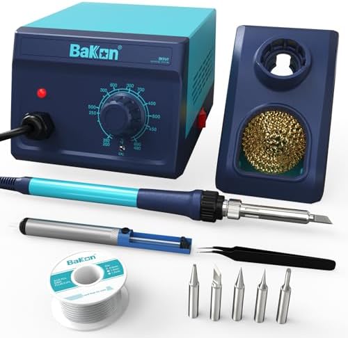 BAKON 969 Soldering Iron Kit,90W Precision Soldering Station,Soldering Kit with Knob Stepless Temp Controlled,5 Extra Iron Tips,Lead-Free Solder,Sucker,Tweezers,for Electronics Beginner