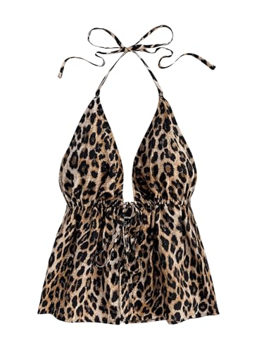 Milumia Women's Leopard Print Backless Halter Top Tie Front Split Hem Peplum Going Out Cami Tops