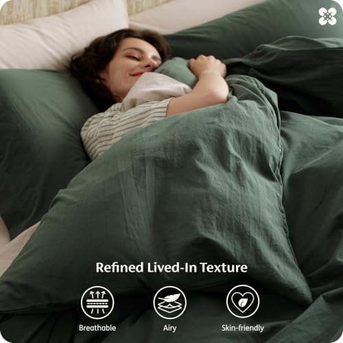 Image of Bedsure 100% Washed Cotton Duvet Cover King Size - Forest Green Minimalist Bedding Set Linen Like - PureWoven Plain Simple & Soft Comforter Cover for All Seasons (Forest Green, King, 104 inchx90 inch)