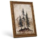 Vintage Pine Tree Wall Art Framed Canvas Print, Rustic Forest Landscape Painting for Cabin Farmhouse Living Room Bedroom Bathroom Decor, 12x16 Inch
