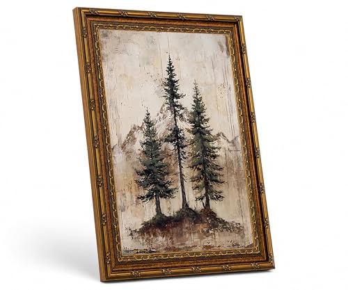 Vintage Pine Tree Wall Art Framed Canvas Print, Rustic Forest Landscape Painting for Cabin Farmhouse Living Room Bedroom Bathroom Decor, 12x16 Inch