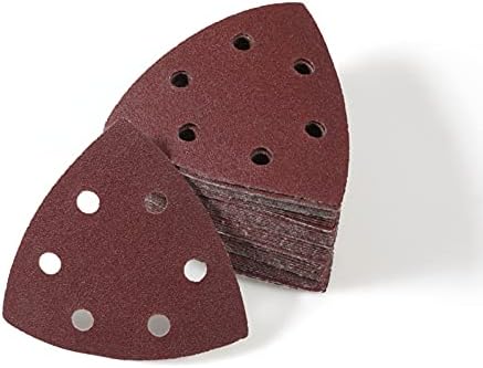 LEONTOOL 50 Pcs Triangle Sanding Pads, Detail Sandpaper 6 Holes, Hook and Loop Sanding Disc 3-1/2 Inches, 40 Grit Sanding Paper for Wood Metal Polishing