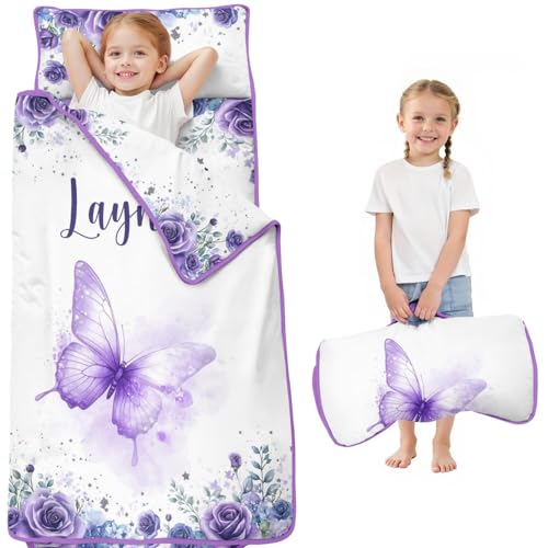 Personalized Butterfly Toddler Nap Mat for Girls, Customized Name Kids Sleeping Bag for Daycare Preschool, Toddlers Slumber Bags with Removable Pillow & Blanket, Nap Mats for Toddler