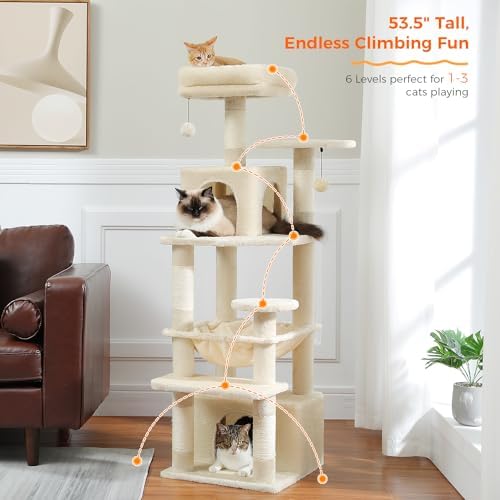 PAWZ Road Cat Tree, 53.5 Inches Tall Cat Tower with Spacious Hammocks, Condos and Scratching Posts, Cat House with Dual Padded Perches for Indoor Large Cats-Beige - 1
