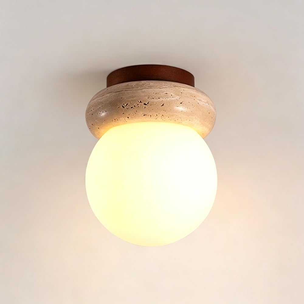 ITOSUI Travertine Ceiling Light, Flush Mount Ceiling Lamp, Wood Stone Fixture, Glass Globe Lighting, 6.3 Inch Yellow Travertine for Hallway, Foyer, Staircase, Nordic Style Decor