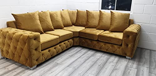 Ashley Chesterfield Canapé d'angle 3 places en velours luxueux et moderne en peluche moutarde pour salon