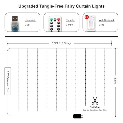 Holits Fairy Curtain Lights Upgraded 100% Tangle-Free Warm White Usb Plug In 8 Modes String Hanging Lights With Remote For Christmas thumb #3