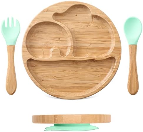 Ikubigu Baby Suction Plate with Spoon fork, Bamboo Divided Plate Feeding Set for Babies, Non-Toxic All-Natural Bamboo Baby Food Plate for Baby & Toddler, Non Slip - BPA-Free (Elephant-Green)