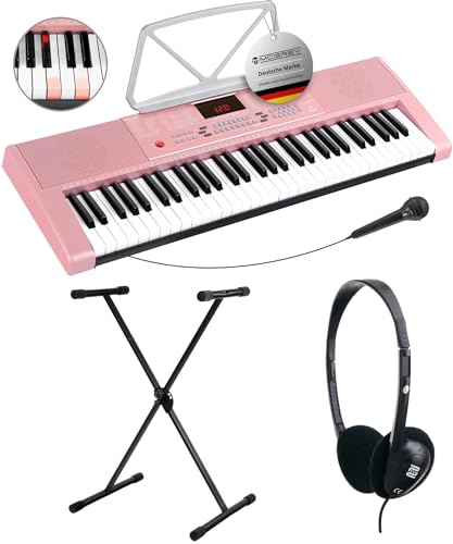 McGrey LK-6120-MIC Teclado Para Principiantes Con 61 Teclas Iluminadas - 255 Sonidos y 255 Ritmos - 50 Canciones Demo - Micrófono Incluido - Set Ahorro Incl. Soporte X-Keyboard y Auriculares - Rosa