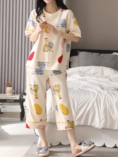 Image of Lunza Women's Cotton Pajama Set with Top & Pants|| Korean Night Suit|| Lightweight Printed Set || Soft & Comfy Sleepwear for Girls & Women