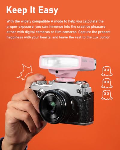 Image of Godox Lux Junior Retro Camera Flash with PC sync Ports (Pink, 4.6oz) | GN12, 1 /1-1 /64 Flash Power, Auto&Manual Modes, 6000±200K, 28mm Focal Length with Sync Cable for Canon Nikon Sony Fuji Olympus