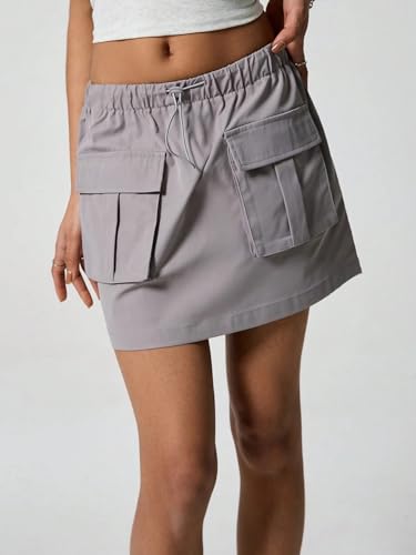 Trend Women's Summer Basic Skirt Solid Color Pocket Drawstring Waist Cargo Skirt For Beach4