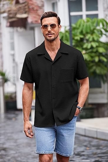 Image of Casual Waffle Knit Shirt for Men Stylish Half Sleeve Mens Shirts M to 3XL