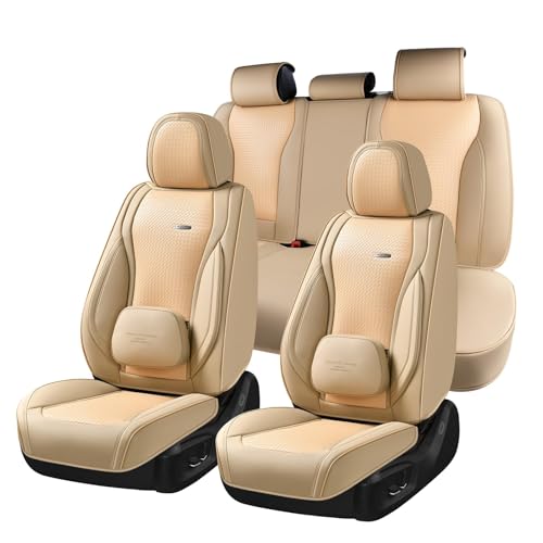 Image of Coverado Car Seat Covers Full Set, Beige Seat Covers for Cars, Waterproof Nappa Leather Automotive Seat Covers with Lumbar Head Pillow, Car Seat Protectors, Universal Fit for Most Cars SUV