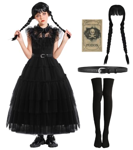 FOVER Disfraz de Wednesday para niños, vestido negro gótico, disfraz para niña, miércoles, familia, cosplay, vestidos con pegatinas, peluca, calcetines, gorro de peluca, carnaval, disfraces, disfraz