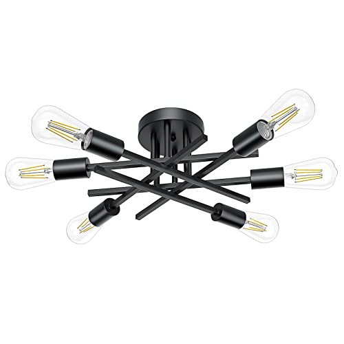 Lomoky 6-Light Black Semi Flush Mount Ceiling Light, Modern Kitchen Light Fixtures Ceiling Mount, Close to Ceiling Lighting for Hallway Dining Room, Farmhouse Chandelier Sputnik Ceiling Lamp (1 Pack)