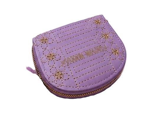 Mini Two Fold Wallet for Girls & Women Floral Embroidered PU Leather Compact Zip Wallet with Pom Pom Keychain Purple Free Size-image-6