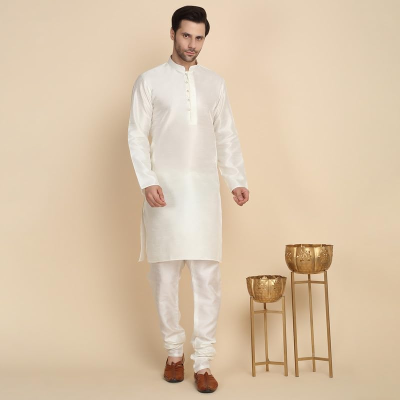 Image of KRAFT INDIA Men's Stylish Silk Kurta with Churidar & Nehru Jacket Set