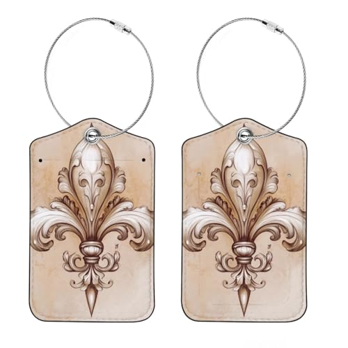 2 Pcs Retro Fleur De Lis Luggage Tags for Suitcases, PU Leather Handbag Tags Privacy Cover and Address Card Labels, Cruise Travel Bag Tag with Stainless Steel Loop Travel Essentials