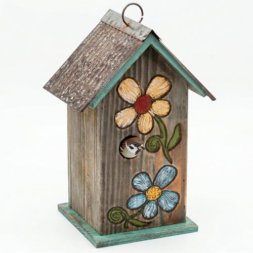 Topadorn Bird House Wooden Carved Floral Birdhouse with Hoop Hanging Birdhouse for Garden Yard Porch Decoration,11 Inch