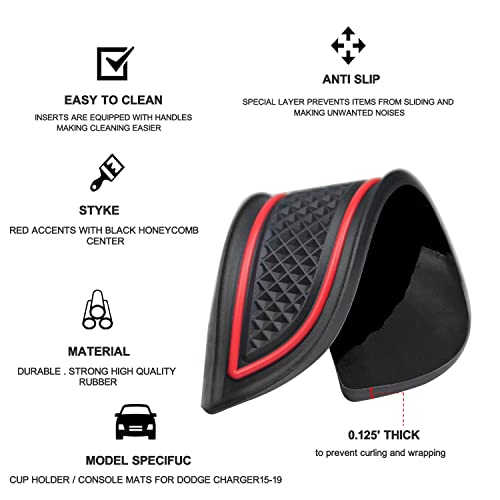 Yanwen Tappetini Antipolvere Adatti Per Dodge Challenger 2015-2020, Fodera Interna Per Cambio, Inserto Portabicchieri, Tasca Della Porta, Console Centrale (11 Pezzi, Rosso) - 4