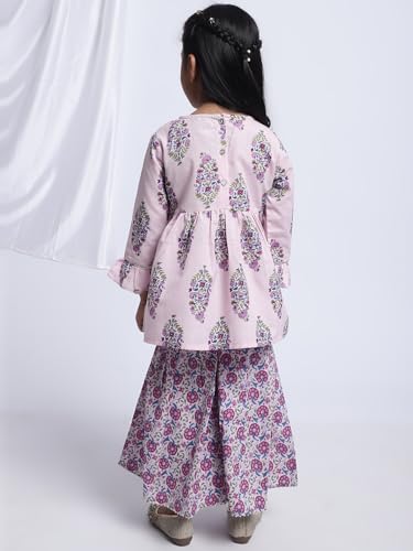 Image of superminis Girls Cotton Floral Printed Gotta Work Full Sleeves Kurti and Matching Sharara Ethnic Wear Set