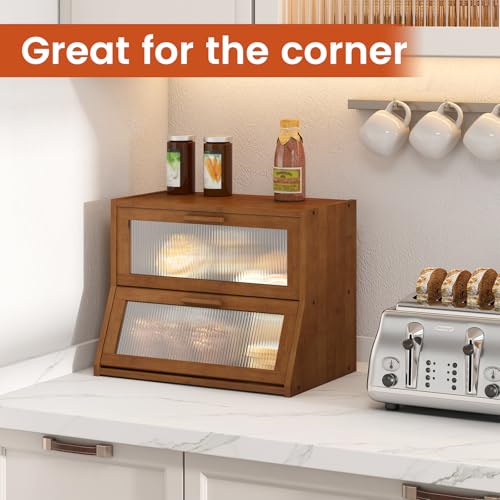 Panera de gran capacidad con doble compartimento de bambú y panel acrílico 6
